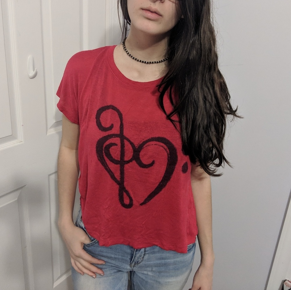 Red Flowy Music Heart Shirt Semisheer